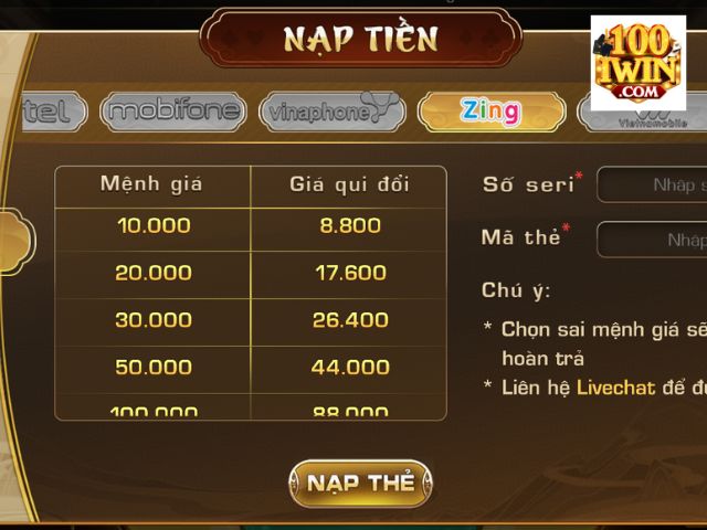 Hình thức nạp tiền iWin qua thẻ cào